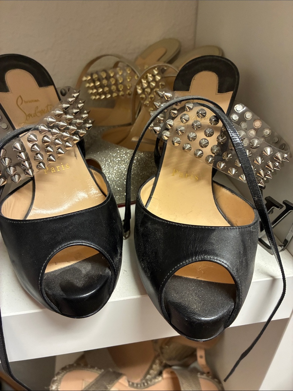 Christian Louboutin Black Peep-Toe Slingback Heels with Silver Studs